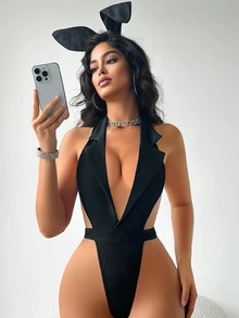 Spicy Aura Women's Lingerie Costume (2pcs Set Jumpsuit, Rabbit Ears) - Black - View 5