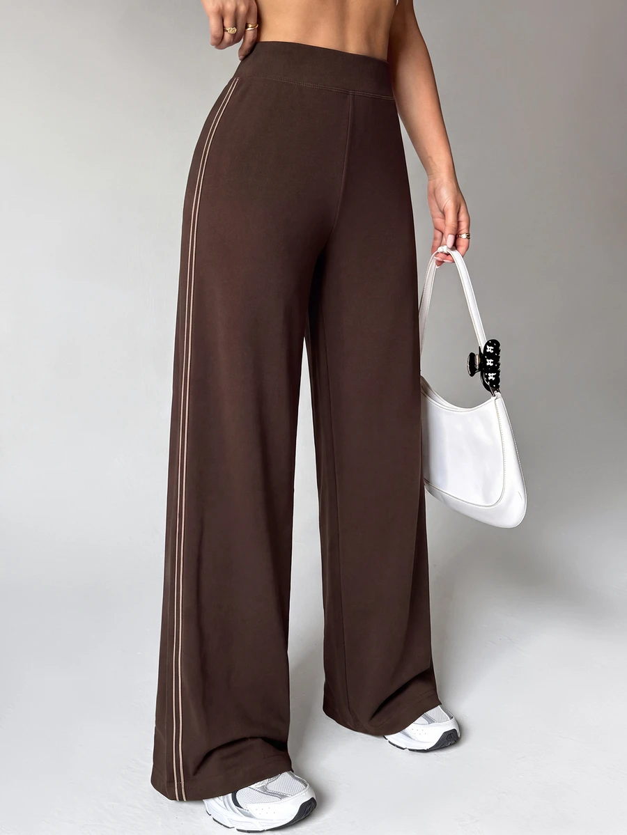 Eassivo 1pc Women's Seamless Ribbed Solid Color Side Stripe Street Casual Yoga Studio Training Long Straight Leg Leggings - Coffee Brown - View 1