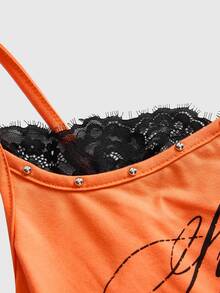 ROMWE Women's Vintage Y2K 2 In 1 Lace Patchwork Camisole Tank Top - Orange - View 3