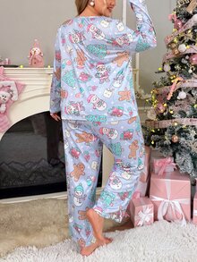 Slumberry CURVE Striped Bow Print Sweet Ins Knit Long Sleeve Plus Size Pajama Set - Purple - View 2