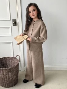 DAZY Tween Girls Stand Collar Casual Long Sleeve Autumn/Winter Sweater Top + Straight Leg Knitted Pants 2 Pieces Sweater Set - Apricot - View 1