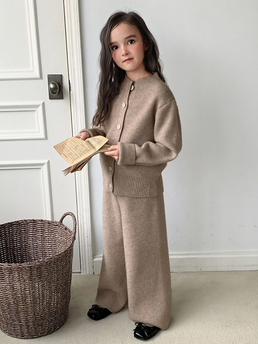 DAZY Tween Girls Stand Collar Casual Long Sleeve Autumn/Winter Sweater Top + Straight Leg Knitted Pants 2 Pieces Sweater Set - Apricot - View 1