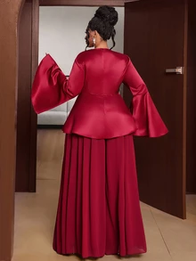 Maweii Plus Size Women's Vintage Solid Color Flare Long Sleeve Hollow V-Neck Chiffon Wide Leg Pants 2 Pieces Set Fall - Red - View 5