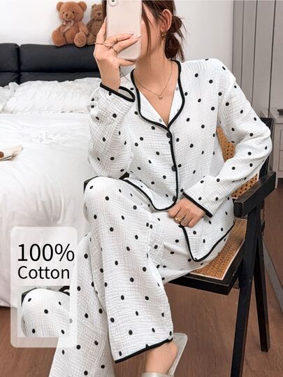 Napfluff Women's White Polka Dot Cotton Piped Lapel Long Sleeve Long Pants Pajama Set