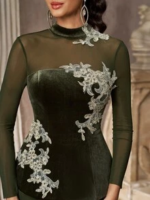 Aureia Dark Green Velvet & Mesh Applique Mermaid Evening Gown, High Neck Long Sleeve Sheer Dress With Train, Suitable For Prom, Party And Wedding - Dark Green - View 5