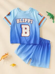 Blippi X SHEIN Young Boys Crew Neck Striped Letter Print T-Shirt And Shorts Set - Blue - View 2