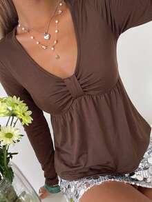 DAZY Women's Solid Color V-Neck Long Sleeve Casual Versatile T-Shirt - Coffee Brown - View 5