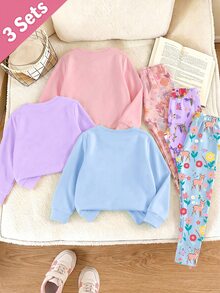 SHEIN 3套少女秋季公主卡通印花圓領長袖衛衣與內搭褲套裝，粉色紫色藍色，卡通可愛日常穿著 - 彩色 - 查看 2