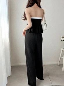 FRIFUL Women's Sweet 2 Pieces Set With Contrast Trim Ruffle Patchwork Loose Hem Tube Top And Wide Leg Pants - Beige - View 4