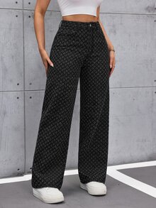 SHEIN ICON 女款 Old Money 風格無彈力休閒直筒寬腿牛仔褲 - 黑色 - 查看 6