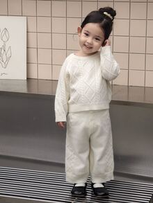 DAZY Infant (Girl) Round Neck Solid Color Casual Long Sleeve Korean Style 2 Pieces Sweater Set - Khaki - View 3