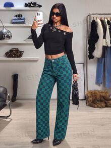 SHEIN Tall 女款迷彩水洗格紋直筒牛仔褲 - 彩色 - 查看 5