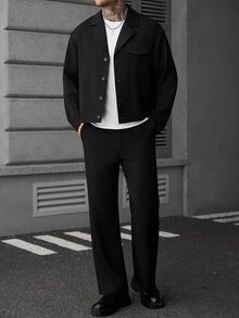 SLATEMANN Men's Fashion Minimalist Solid Color Business Commute Button Long Sleeve Jacket - Black - View 1