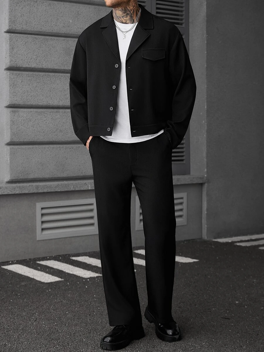 SLATEMANN Men's Fashion Minimalist Solid Color Business Commute Button Long Sleeve Jacket - Black - View 1
