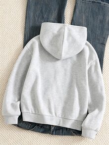 SHEIN Sparklyn 秋冬女童連帽拉鍊外套－混搭街頭風，保暖針織面料適合秋冬穿著，微寬鬆版型預留成長空間，完美適配校園與街頭穿搭，瞬間變身活力女孩！ - 黑色 - 查看 2