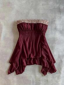 IslaSuriya Women's Lace Patchwork Asymmetrical Hem Tube Top - Burgundy - View 1