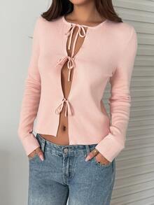 Strévra Women's Solid Color Casual Versatile Daily Wear Cardigan - Pink - View 3