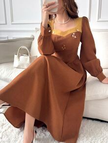 Feyla Women's Floral Embroidered Pleated Casual Party Summer Midi Dress - Brown - View 5