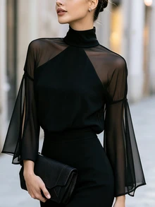 SHEIN Women's Elegant Sheer Cape Sleeve High Neck T-Shirt Black - Black - View 4