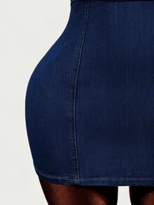 Mistrie Women's Hollow Out Casual Daily Wear Halter Neck Denim Dress - Blue - View 5