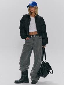 MUSERA Fold Over Collar Padded Balloon Fit Zip Through Cropped Bomber Jacket Fall Autumn Winter Daily Everyday Outerwear - Black - View 2