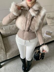 DAZY Autumn/Winter Beige Camel Faux Fur Patchwork Slim Fit Cinched Waist Sweet Date Wedding Party Women's Jacket - Khaki - View 7