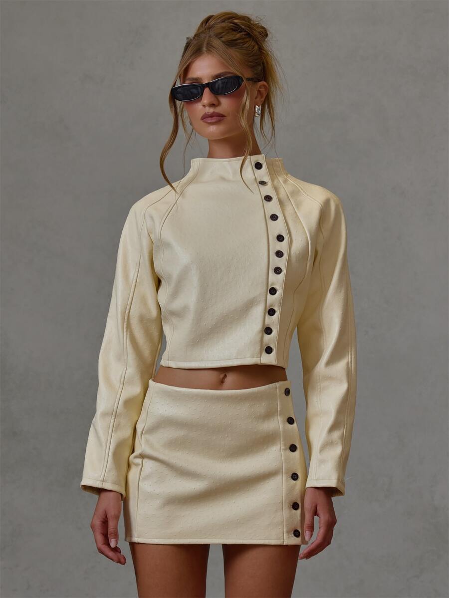 MUSERA Textured Faux Leather Asymmetric Button Up Funnel Neck Jacket Fall Winter Everyday Causal Going Out Cool Girl Festival Forces - Cream - View 1