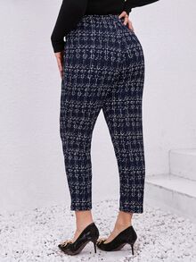 Chikora 大尺碼高腰彈性格紋簡約修身休閒長褲，女款秋季辦公穿搭 - 藏蓝色 - 查看 2