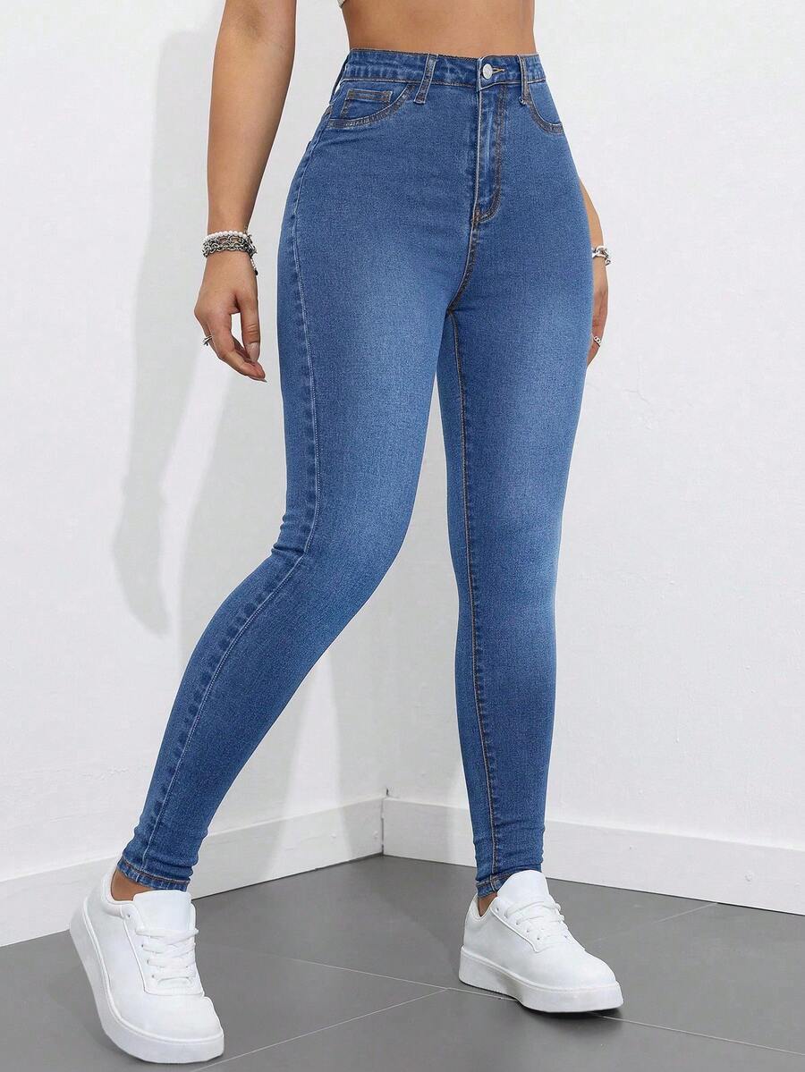 Rivivi Women's Casual Daily Travel Denim Long Pants With Pockets And Buttons - Medium Wash - View 1