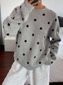 Livesso Petite Áo len dài tay họa tiết chấm bi phong cách thường ngày cho nữ - Xám - Xem 1
