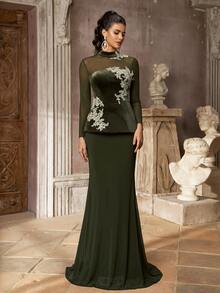Aureia Dark Green Velvet & Mesh Applique Mermaid Evening Gown, High Neck Long Sleeve Sheer Dress With Train, Suitable For Prom, Party And Wedding - Dark Green - View 1