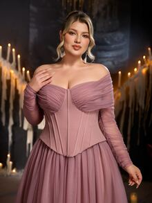 Glamrae Plus Size Elegant Fashionable Lotus Pink Knitted Mesh Patchwork Off-Shoulder Corset Style 2 In 1 A-Line Maxi Dress, Suitable For Prom, Wedding, Bridesmaid, Formal Evening Gown - Dusty Pink - View 5