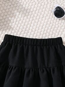 Young Girl Fashion Versatile Woven Solid Color Pleated Fitted Casual Skirt - Black - View 5