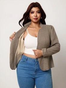 Enliva Plus-Size Women's Elegant Khaki Slim-Fit Autumn/Winter Suit JacketApple,Rounded Body - Khaki - View 7