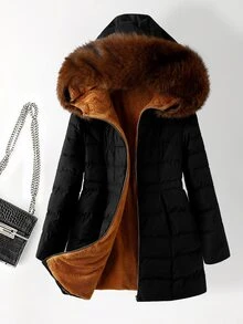 SHEIN Clasi 大尺碼連帽長袖拉鍊絎縫素色冬季加厚棉襖 - 黑色 - 查看 1