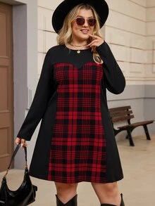 EMERY ROSE Plus Size Women Minimalist Retro Commute Style Textured Patchwork Ant Fabric Dress, Suitable For Christmas Outfit, Daily Commute, Casual Shopping, Light Party Wear - Black - View 4
