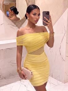 Slaydiva Women Pale Yellow Off Shoulder Ruched Mesh Mini Dress Cross Wrap Waist Cutout Bodycon Sexy Vacation Club Party Short Dress Cocktail Going Out - Light Yellow - View 6