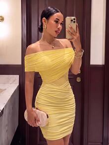 Slaydiva Women Pale Yellow Off Shoulder Ruched Mesh Mini Dress Cross Wrap Waist Cutout Bodycon Sexy Vacation Club Party Short Dress Cocktail Going Out - Light Yellow - View 7