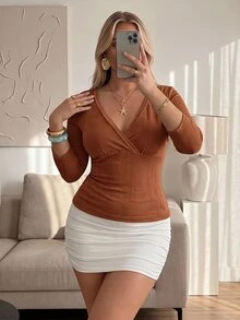 Auralis Early Autumn Deep V-Neck Back To School Season Mid-Sleeve Fitted Teal Plus Size Elegant T-Shirt/Modern Commute - Brown - View 1