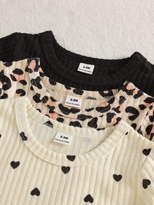 SHEIN 3件組幼女上衣 可愛米色黑色豹紋愛心印花 羅紋長袖圓領 常規版生日派對秋季假期套頭上衣 - 彩色 - 查看 6
