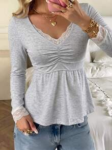 SHEIN Franclia Women's Solid Color Contrast Lace V-Neck Long Sleeve Ruched T-Shirt - Grey - View 4