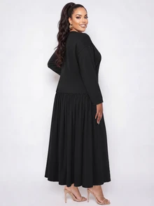 Poshavie Poshavie Plus Size Women's Casual Relaxed Dress, 2 In 1 Patchwork Design, Minimalist Elegant, Suitable For Daily Wear - Black - View 2
