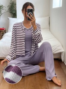 DAZY Women's Striped Long Sleeve Top, Bow Decor Tank Top And Pants Pajama Set - Purple - View 6