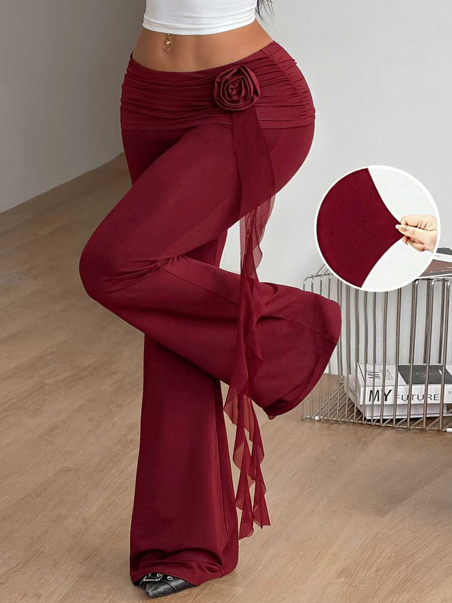 Coolane Women's Solid Color Waist Pleated 3D Floral Decor Elegant Flare Pants - Burgundy - View 1