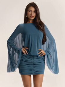 SHEIN BAE Fall Winter Teal Blue Boat Neck Sheer Flare Sleeve Ruched Bodycon Mini Dress Short Dresses Thanksgiving Day Of The Dead Party - Green - View 7