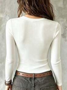 Glimmora Women's Vintage Rhinestone U-Neck Long Sleeve T-Shirt, Casual Slim Fit Basic Ribbed Top, Daily Y2K Inner Layer Base Layer - White - View 2