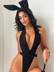 Spicy Aura Women's Lingerie Costume (2pcs Set Jumpsuit, Rabbit Ears) - Black - View 6