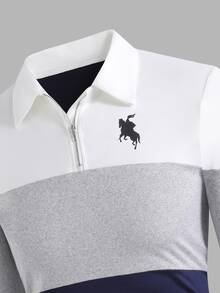 SHEIN 青少年男孩休閒拼色半拉鍊長袖 Polo 衫，復古美式學院風舒適上衣，適合校園日常穿著 - 彩色 - 查看 3