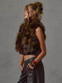 MUSERA Brown Fur Sleeveless High Neck Bolero Fall Winter Everyday Causal Back To School Forces - Coffee Brown - View 3