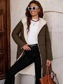 SHEIN Clasi 女款拉鍊連帽泰迪毛內裡絎縫外套 秋冬款 - 咖啡棕 - 查看 6